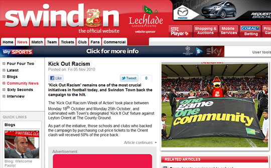 Swindon Town official website screenshot